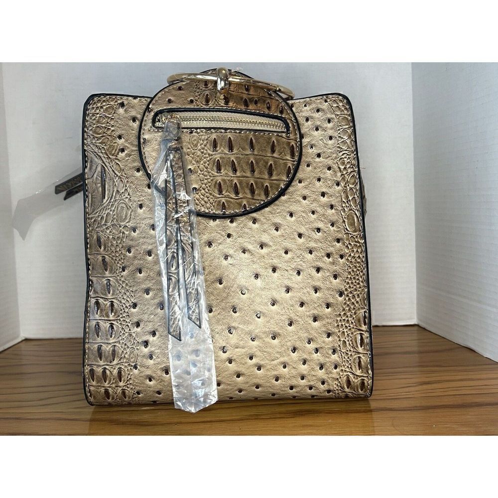 VERSONA Women’s Nude Faux Leather Faux Crocodile Textured Purse Handbag Tote Bag